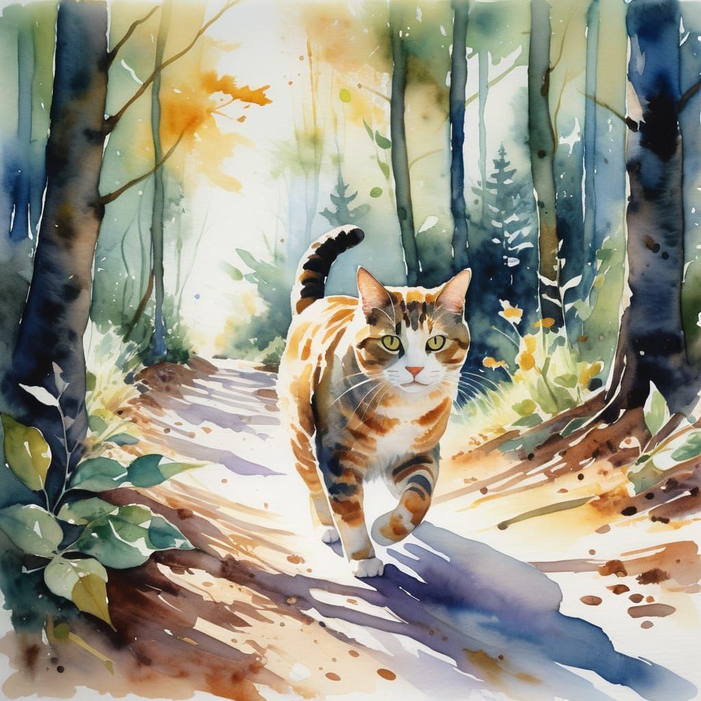 Cat Running Through Forest in Expressive Watercolor
