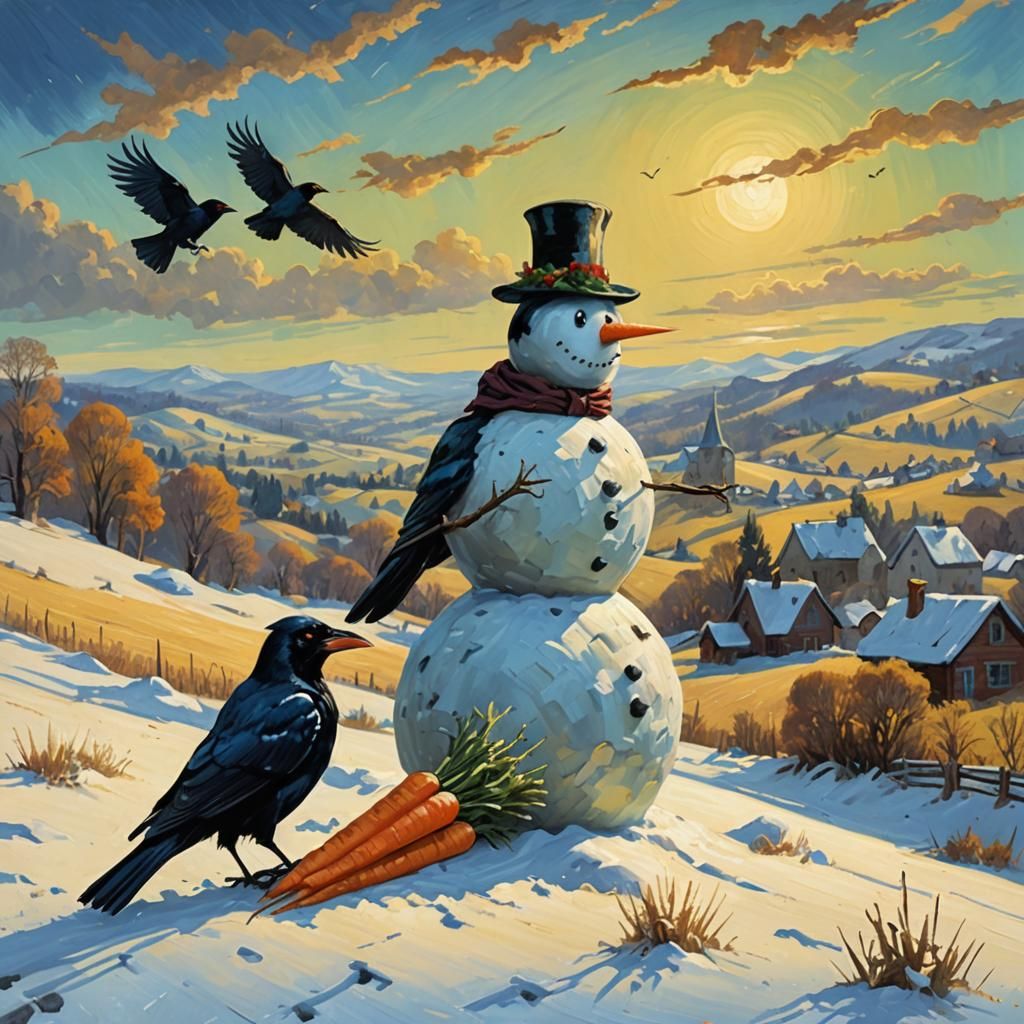 Crows Build Snowman in Expressionist Winter Landscape