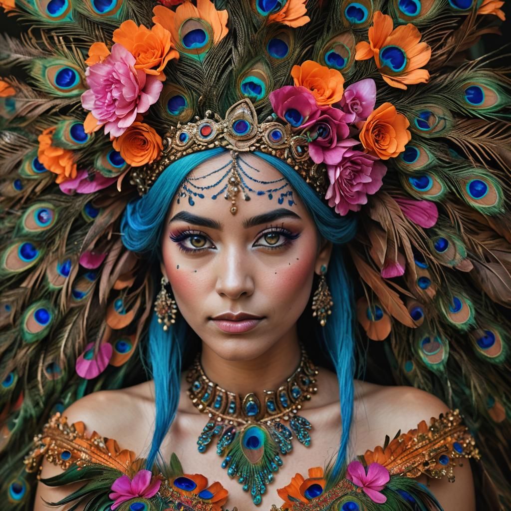 Vibrant Woman with Peacock Feathers, Hyperrealistic Portrait