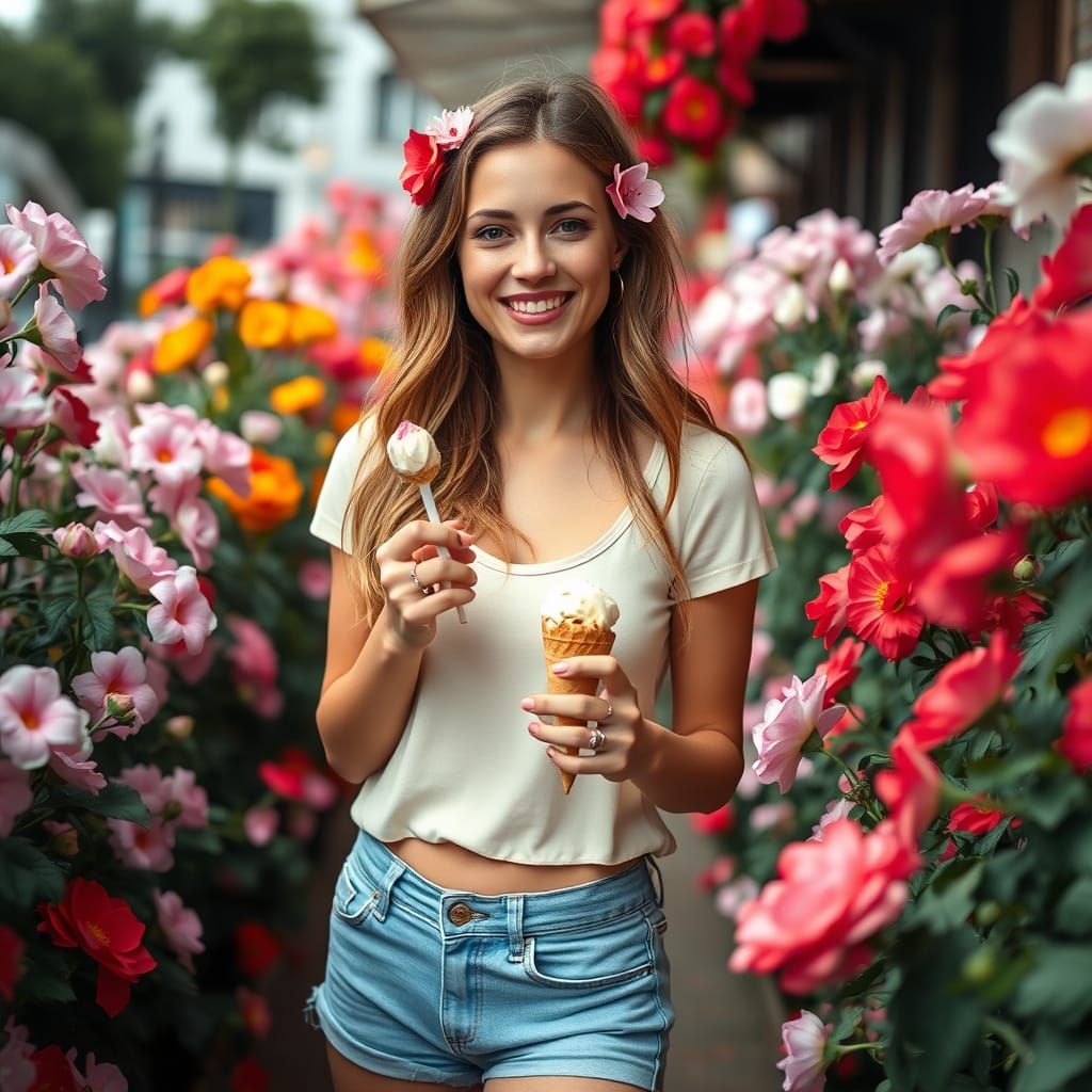Woman Surrounded by Vibrant Blooms in a Filmic Portrait
