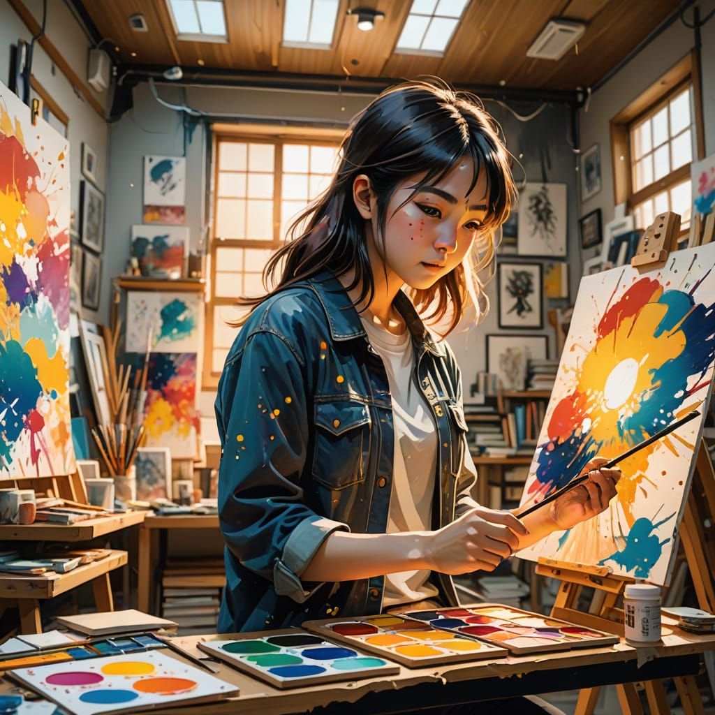 Glowing Palette: Manga Art Student in Studio