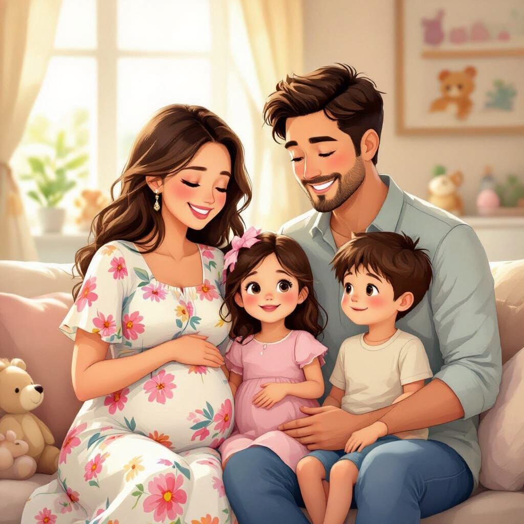 Cartoon Family Portrait in Soft, Vibrant Colors