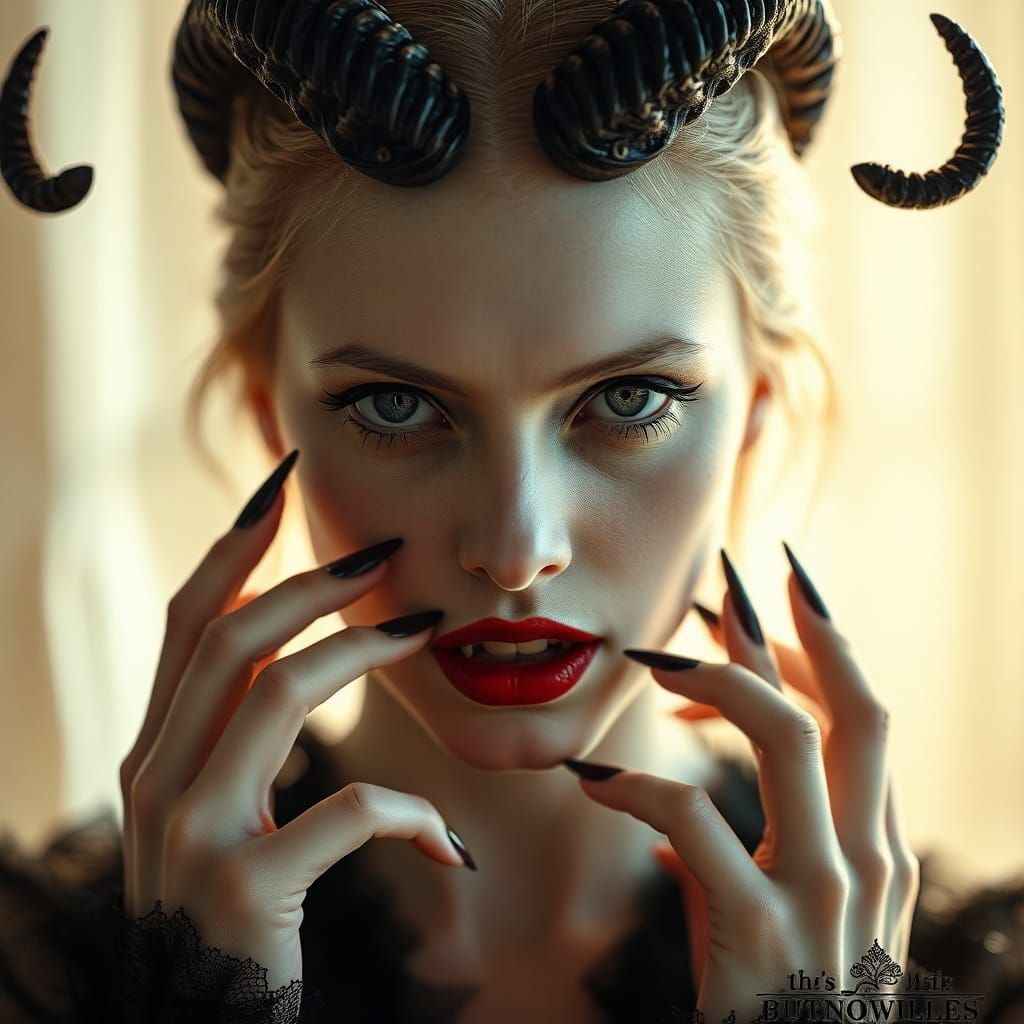 Pale Woman with Fangs and Horns in Moody Photography