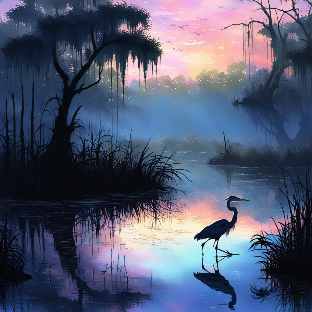 Heron in Everglades: Ethereal Fantasy Art