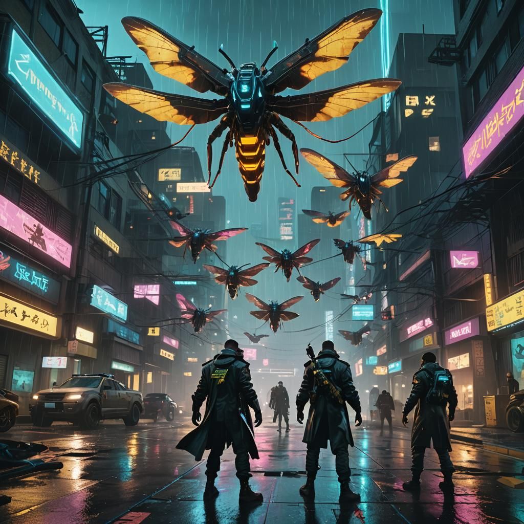 Cyberpunk Hunters Fight Giant Moths in Rainy Los Santos