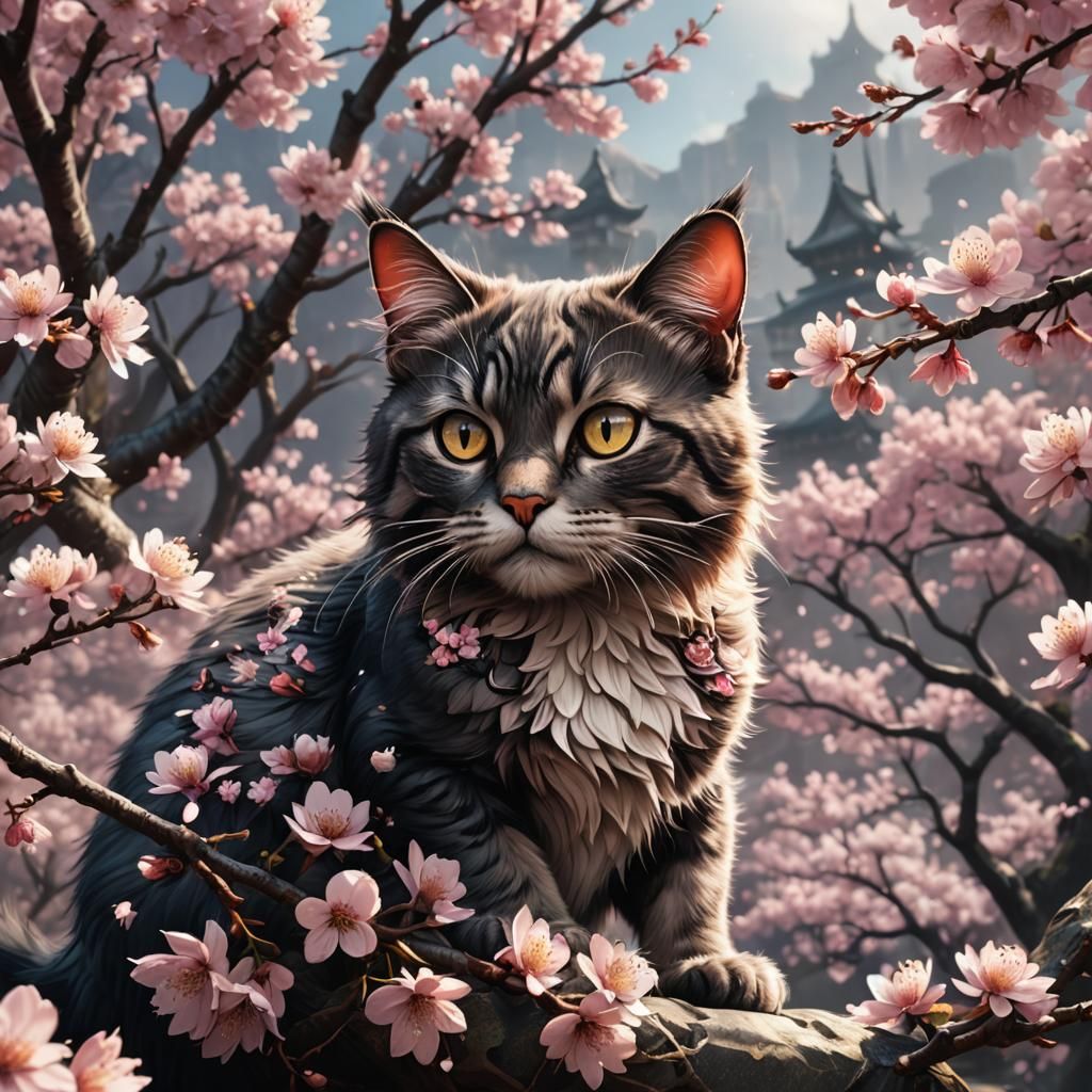 Cherry Blossom Cat: Detailed Fantasy Art