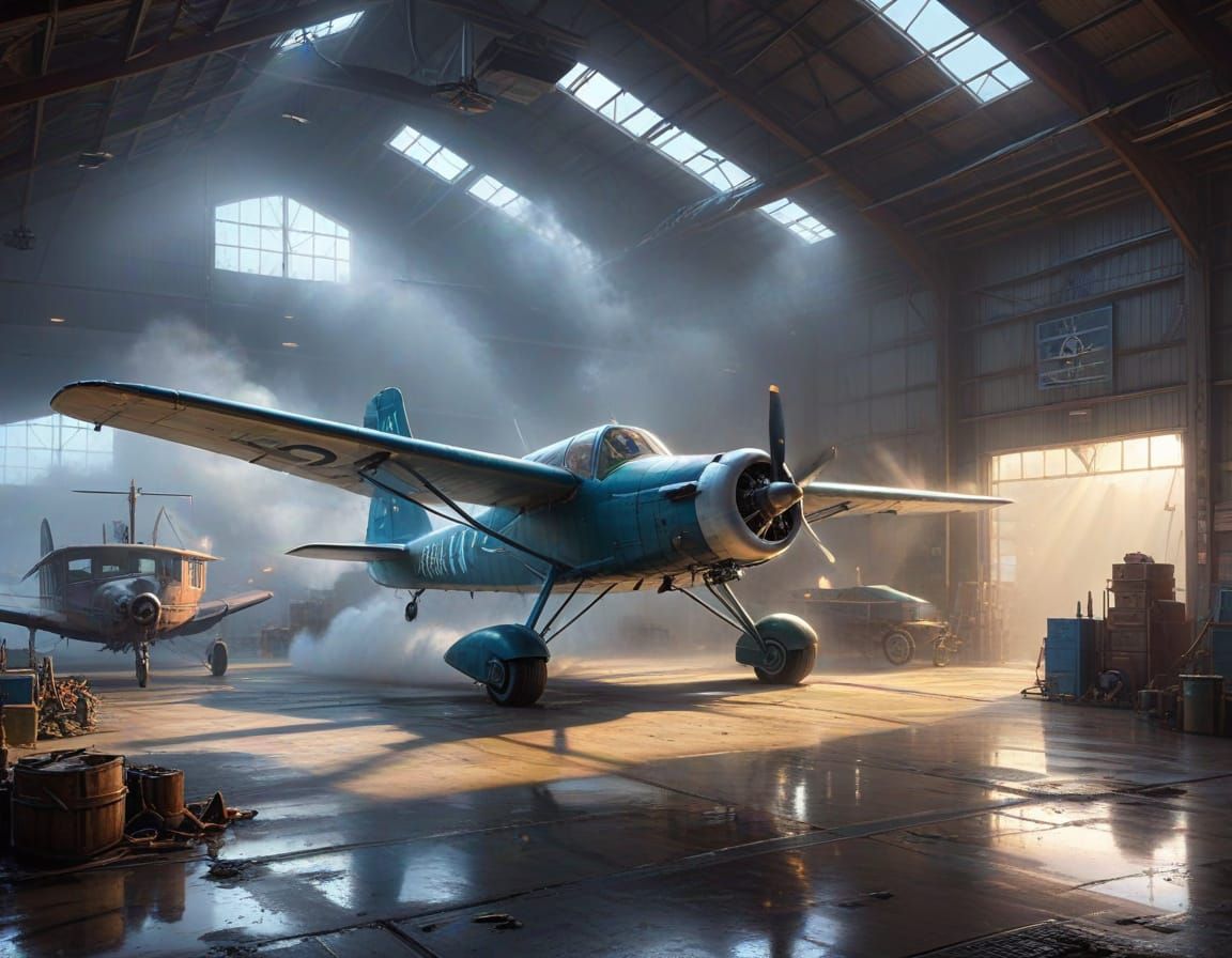 Ethereal Propeller Plane in Misty Hangar
