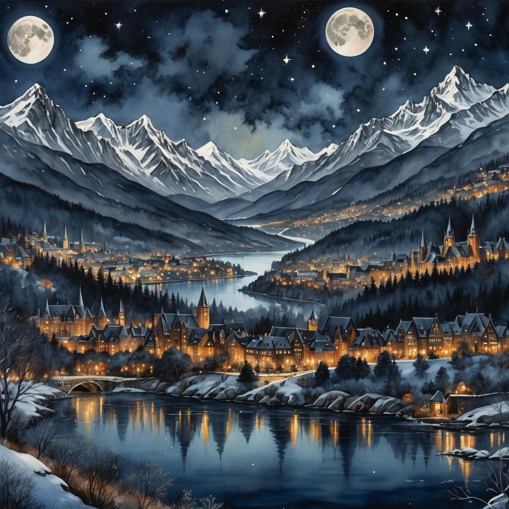 Magical Cityscape Under Moonlit Sky as Oil Painting