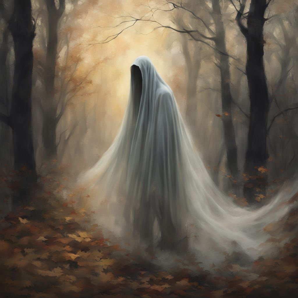 Ethereal Ghost Wanders Autumn Woods Under Full Moon