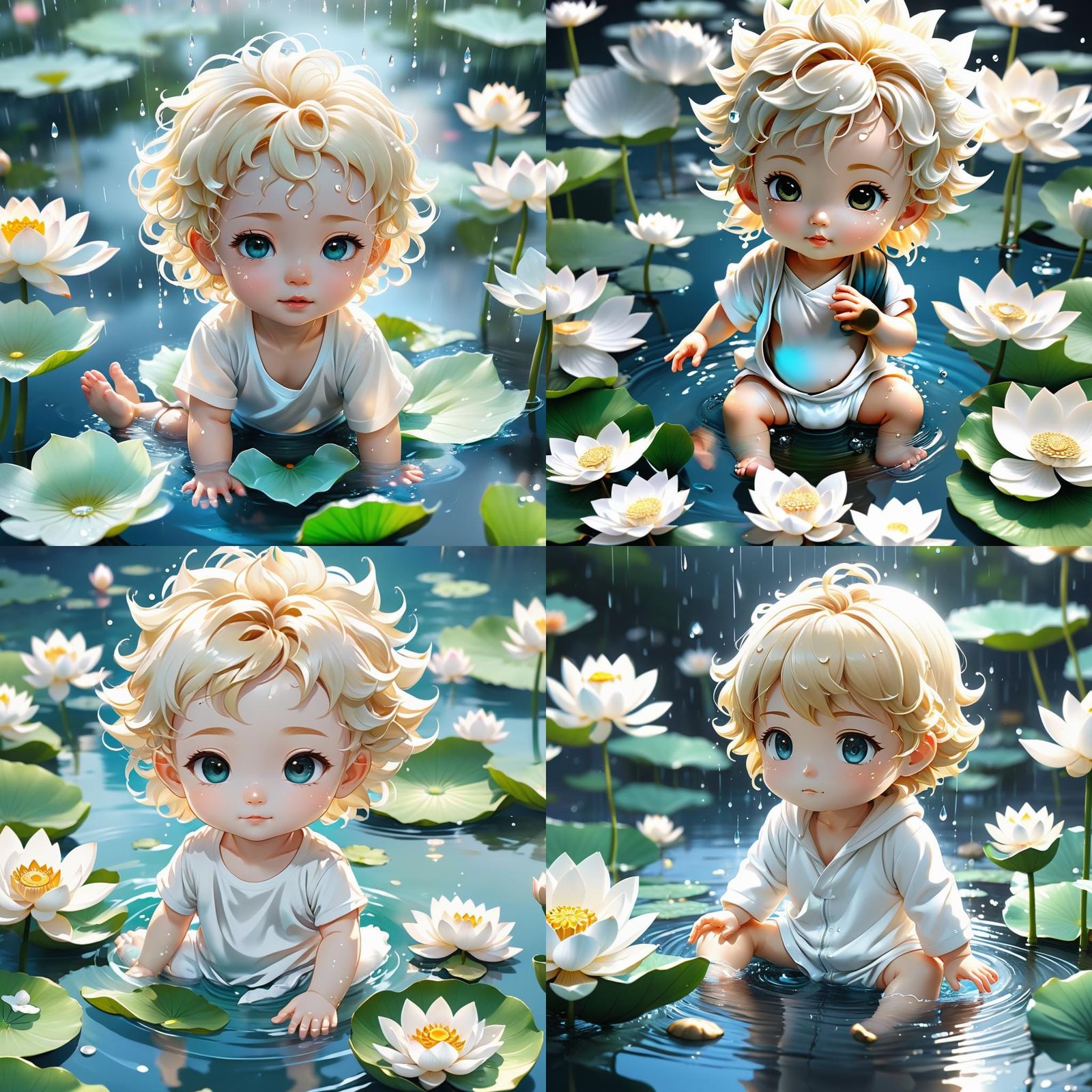 Adorable Baby in Lotus Flower, Anime Style