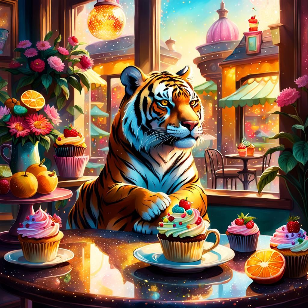 Tiger in Coffee Shop Fantasy Illustration