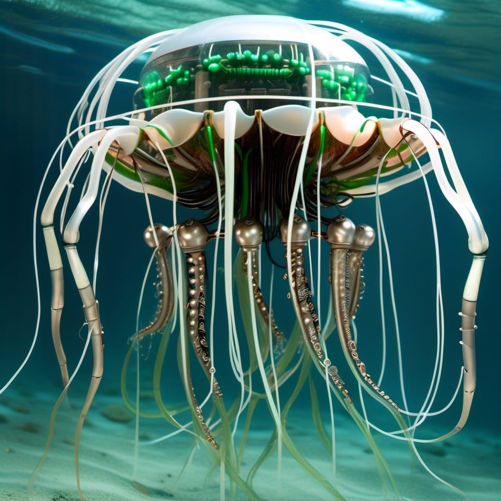 Surreal Cyborg Jellyfish in Bioluminescent Deep Sea