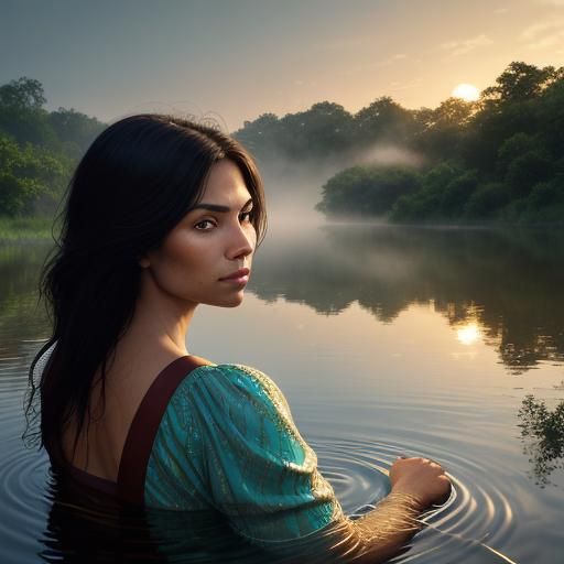 Woman Bathes in River at Sunset: Hyperrealistic Photography