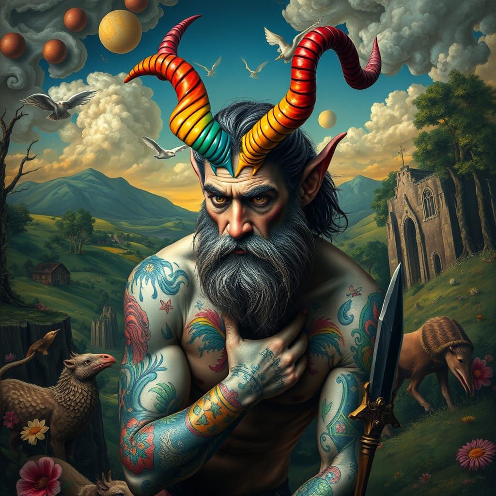 Rainbow Horned Satyr in Vibrant Bosch-Inspired Landscape