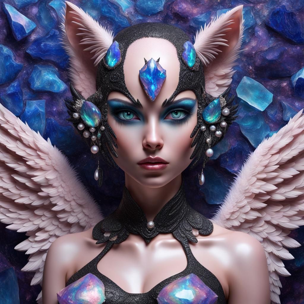 Cat-Girl in Mineral Wings: Hyperrealistic Digital Art
