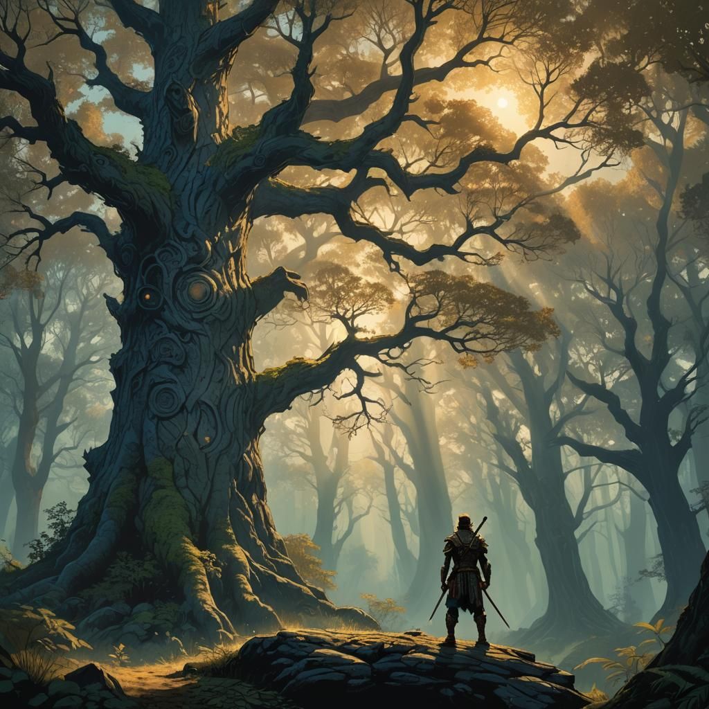 Mystical Forest Warrior in Graphic Novel Style