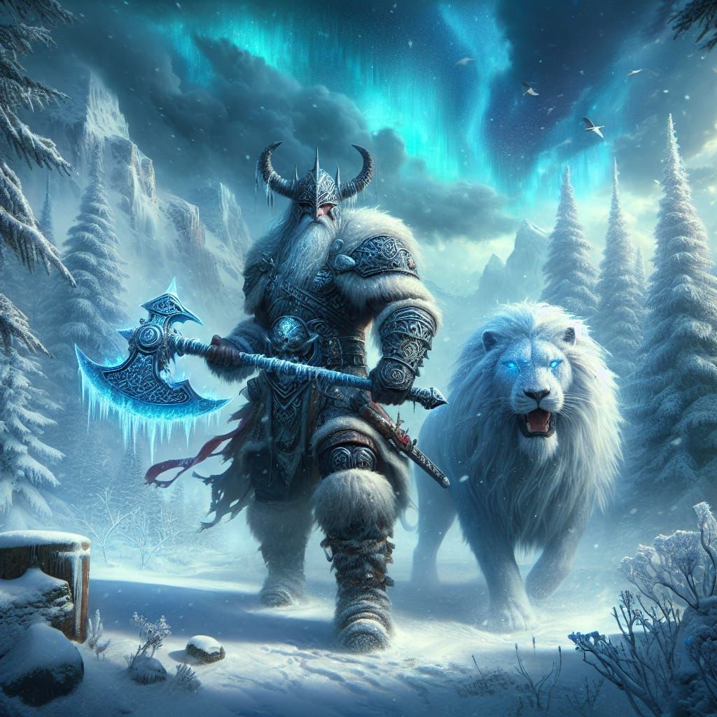 Viking Warrior Faces Majestic White Lion in Icy Winter Stand...