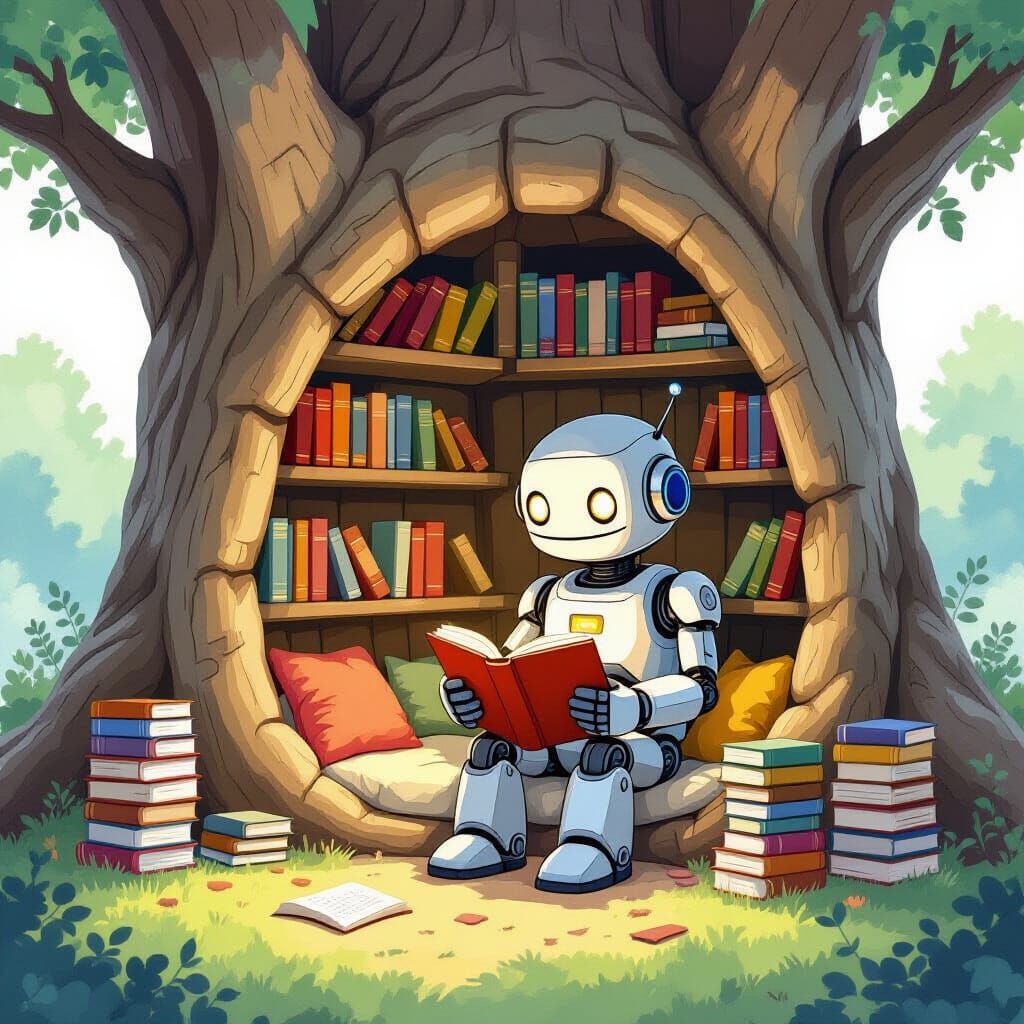 Whimsical Robot in Cozy Tree Reading Nook, Storybook Illustr...