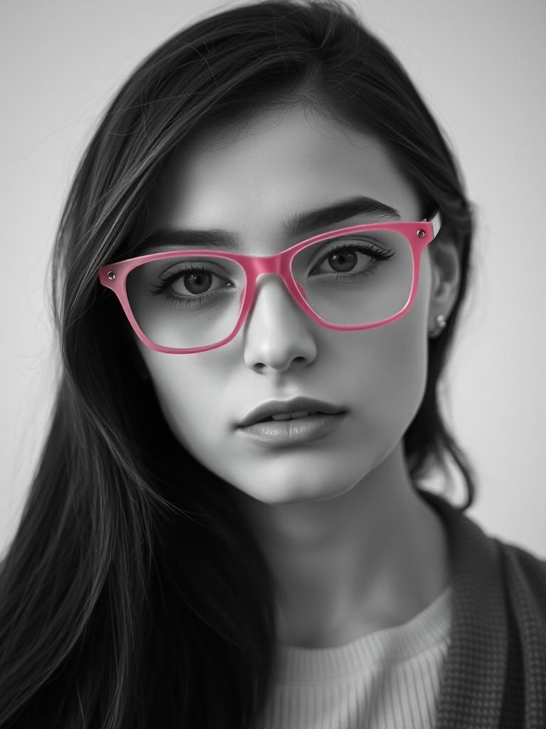 Serene Brunette in Pink Glasses: Soft Black and White Portra...