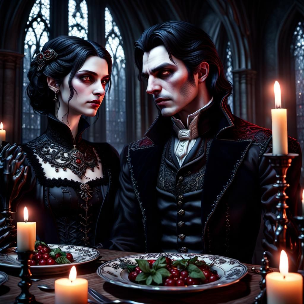 Gothic Vampire Couple's Romantic Dinner in Mansion