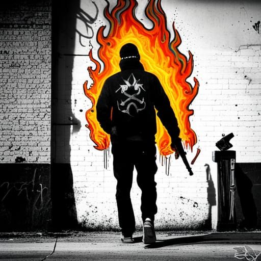 Man Exits Burning Building: Graffiti Splash Art