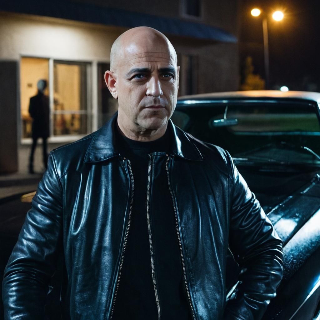 Noir Film Still: Bald Man and 1969 Dodge Charger