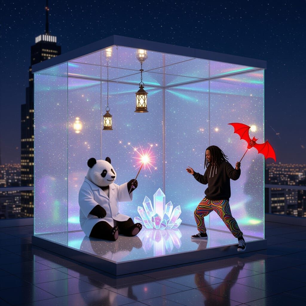 Magical Cubicle Pavilion on Skyscraper Rooftop with Panda Wi...