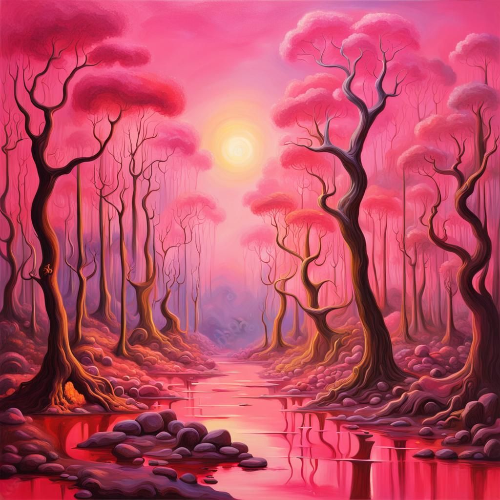 Magical Fairy Forest in Pink Light: Surreal Oil Painting
