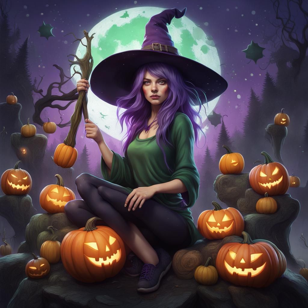 Whimsical Witch with Pumpkins in Fantasy Art Style