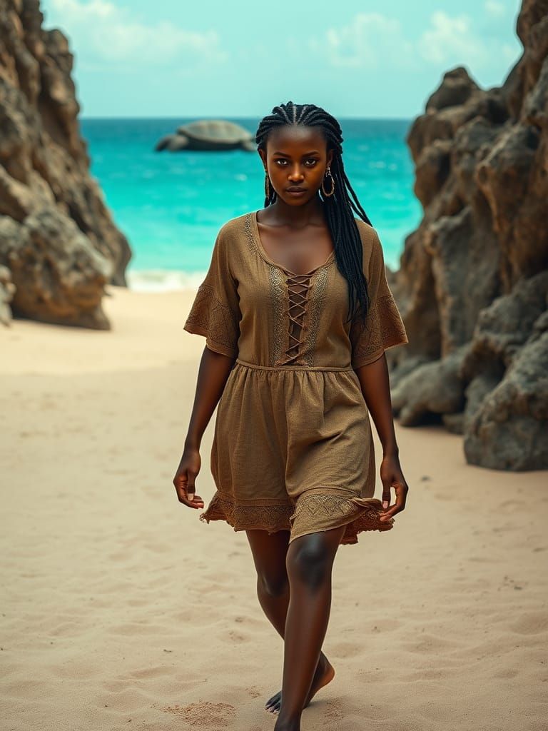 Caribbean Woman on Beach with Distant Turtle