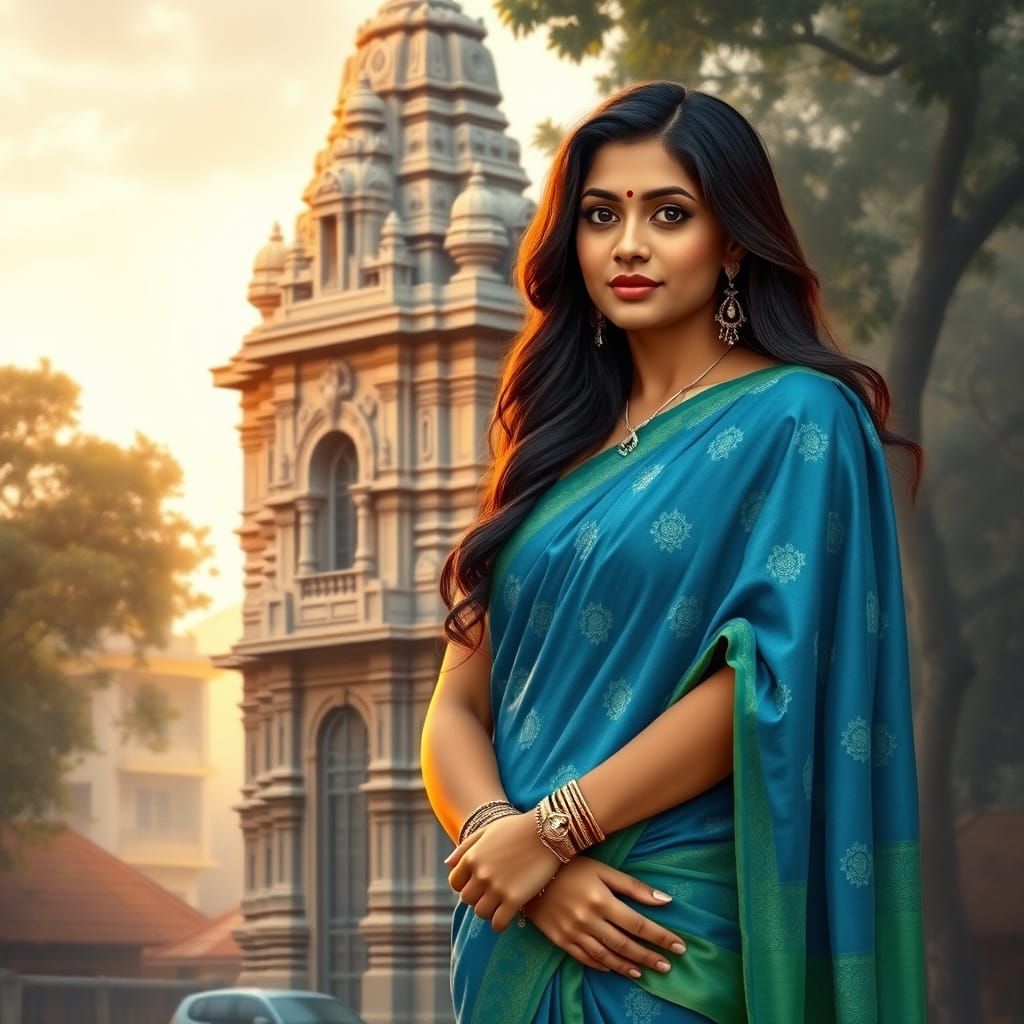 Elegant Woman Beside Majestic Temple in Serene Indian Settin...