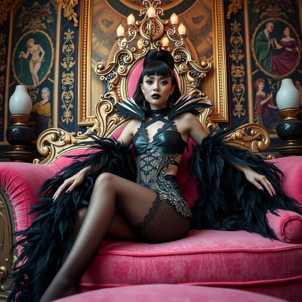 Couture Woman in Melanograph Cosplay on Pink Couch