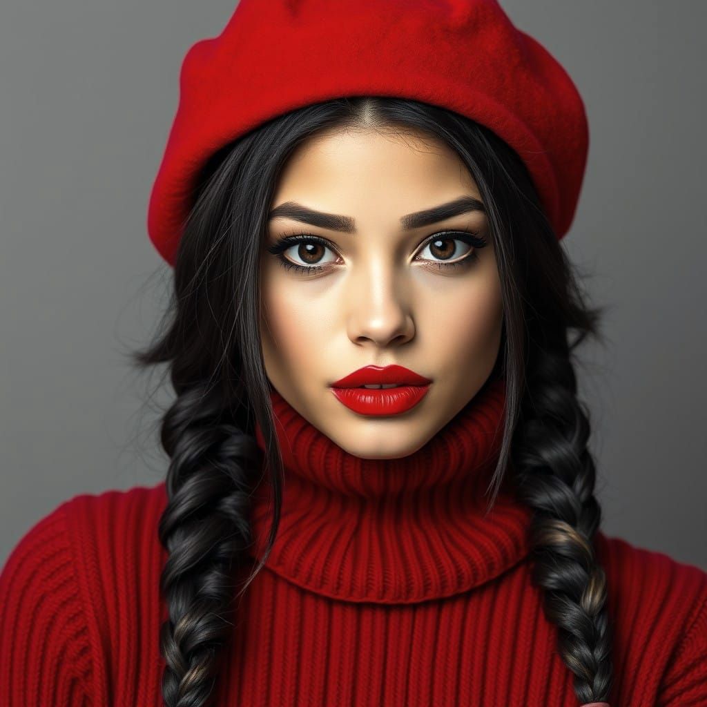 Young Woman in Deep Red Beret and Sweater, Detailed Charcoal...