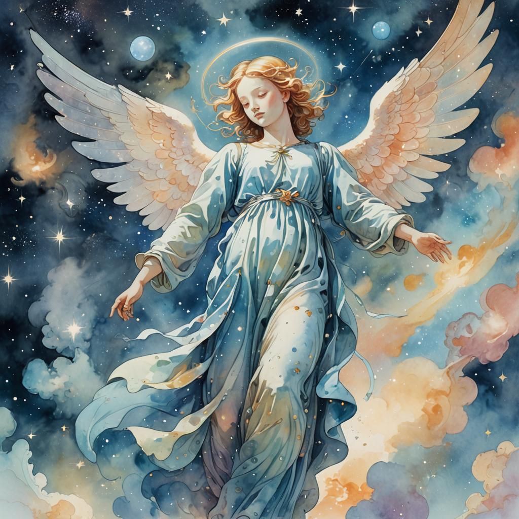 Dreamlike Angel in Celestial Nebula, Watercolor Style