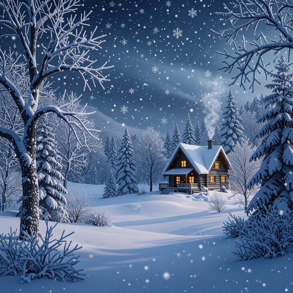 Enchanting Winter Cabin Poster in Serene Snowy Landscape