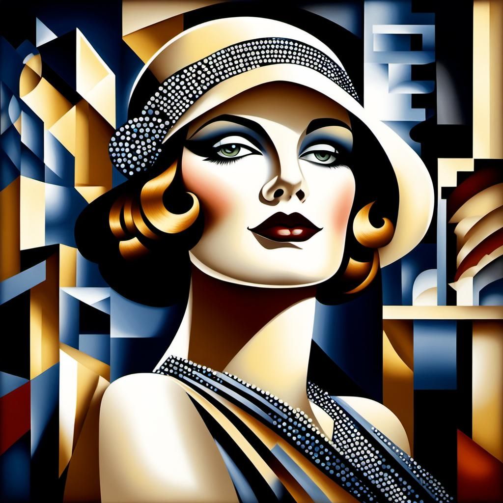 Flapper Girl in Art Deco Jazz Club with Cubist Elements
