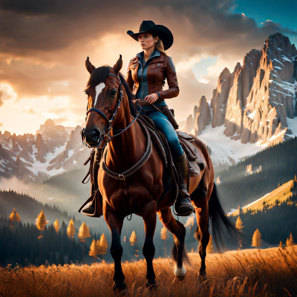 Cowgirl Rides Horse in Dolomites: 8K Portrait