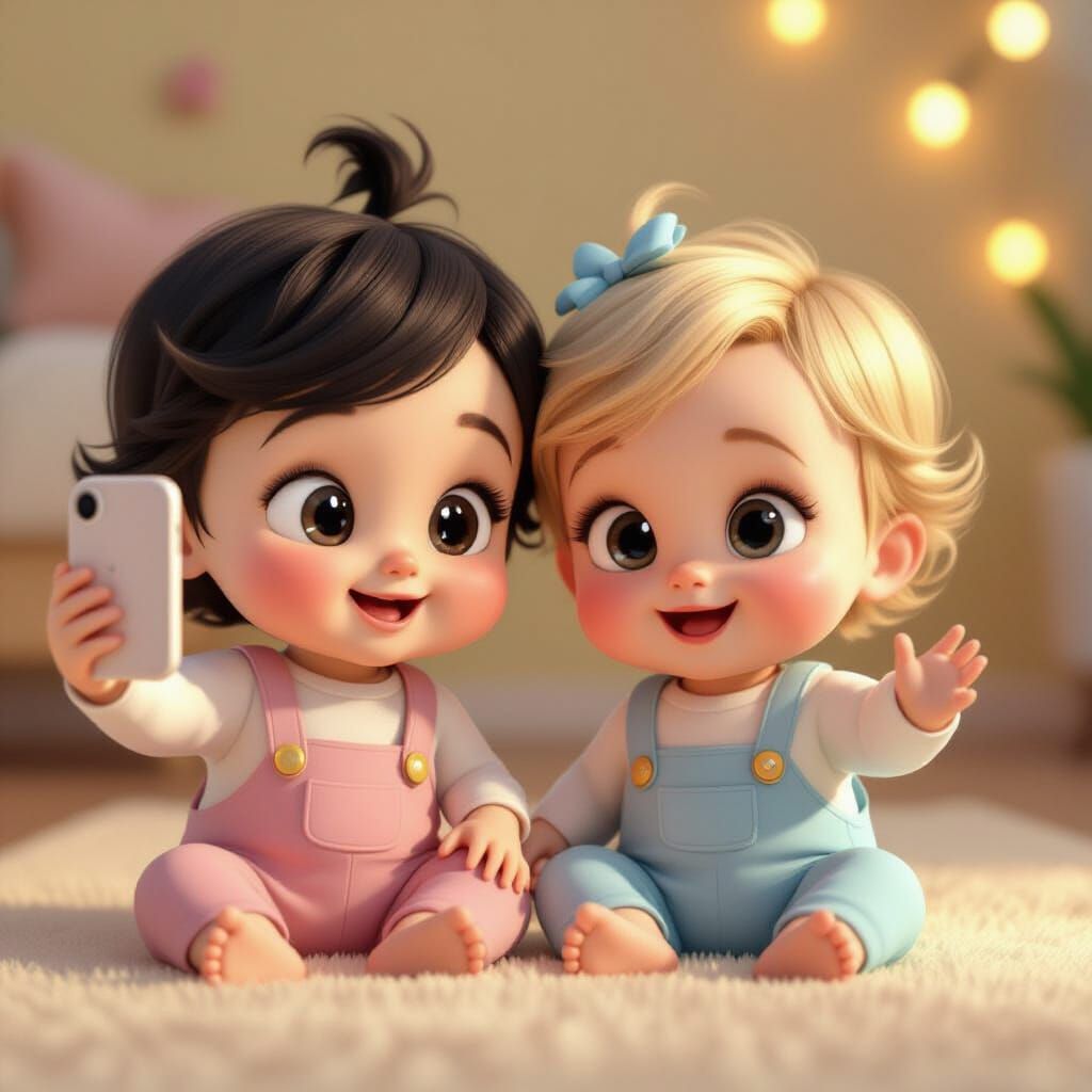 Adorable Babies Taking Selfie in 3D Style
