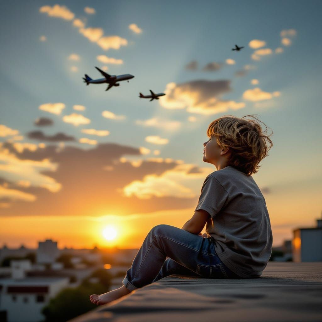 Boy Gazing at Airplanes During Sunset
