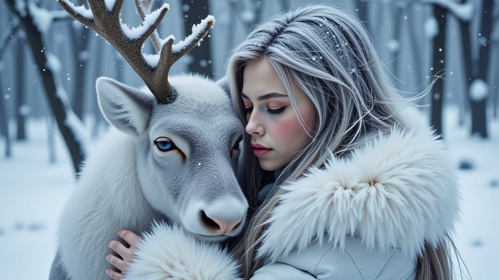 Arctic Girl's Embrace with Reindeer in Blizzard