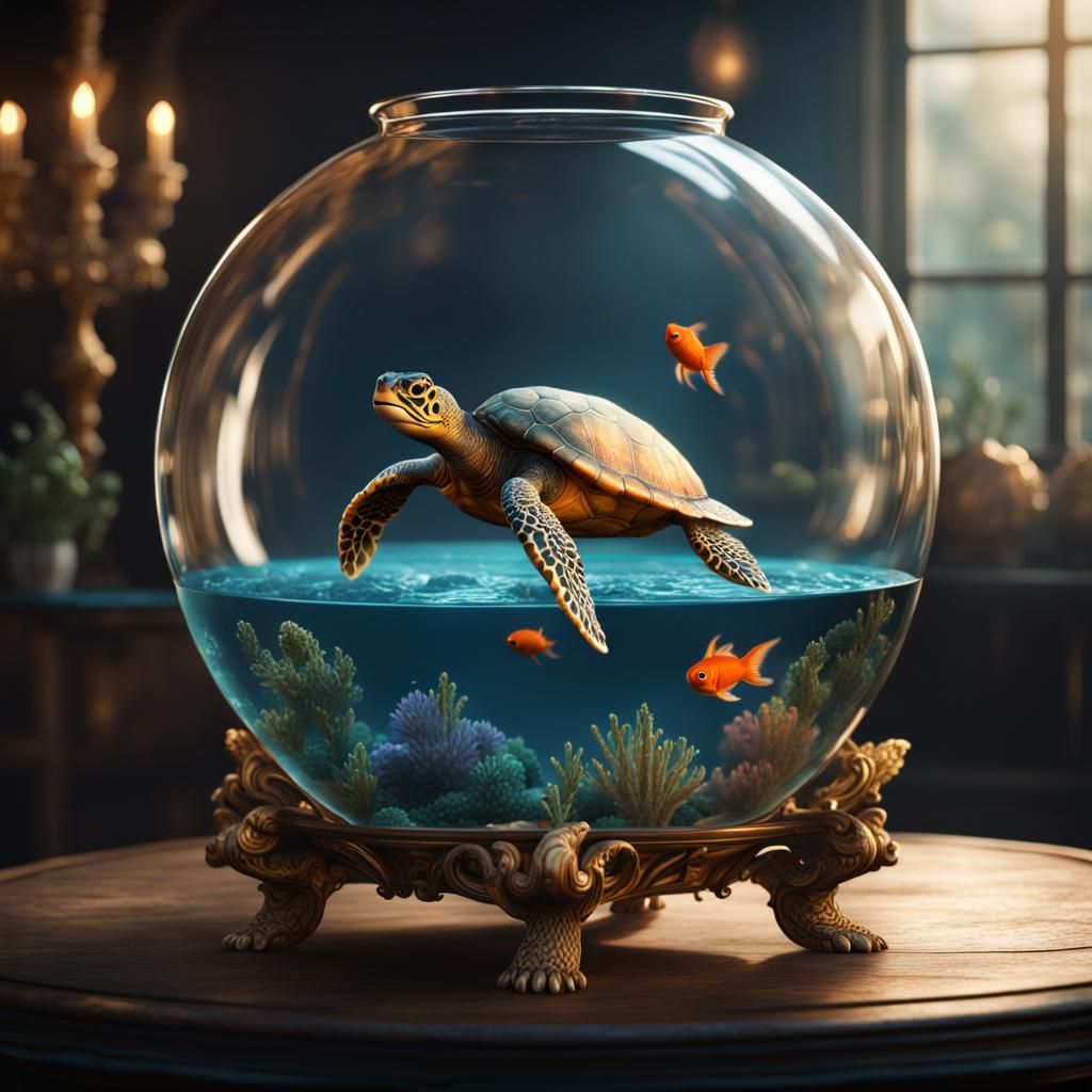 Sea Turtle in Goldfish Bowl: Detailed Matte Painting
