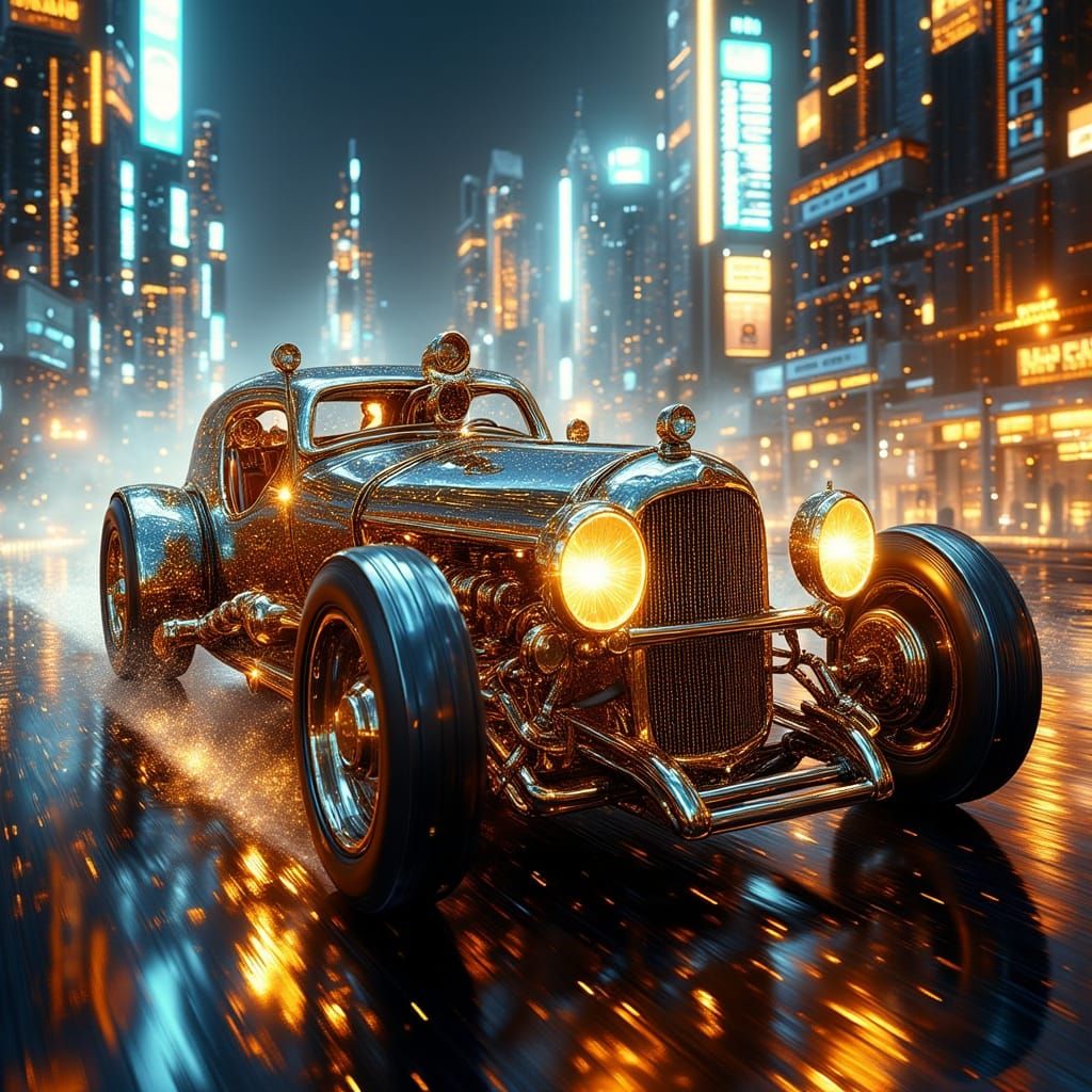 Steampunk Car Speeds Through Neon Cyberpunk City