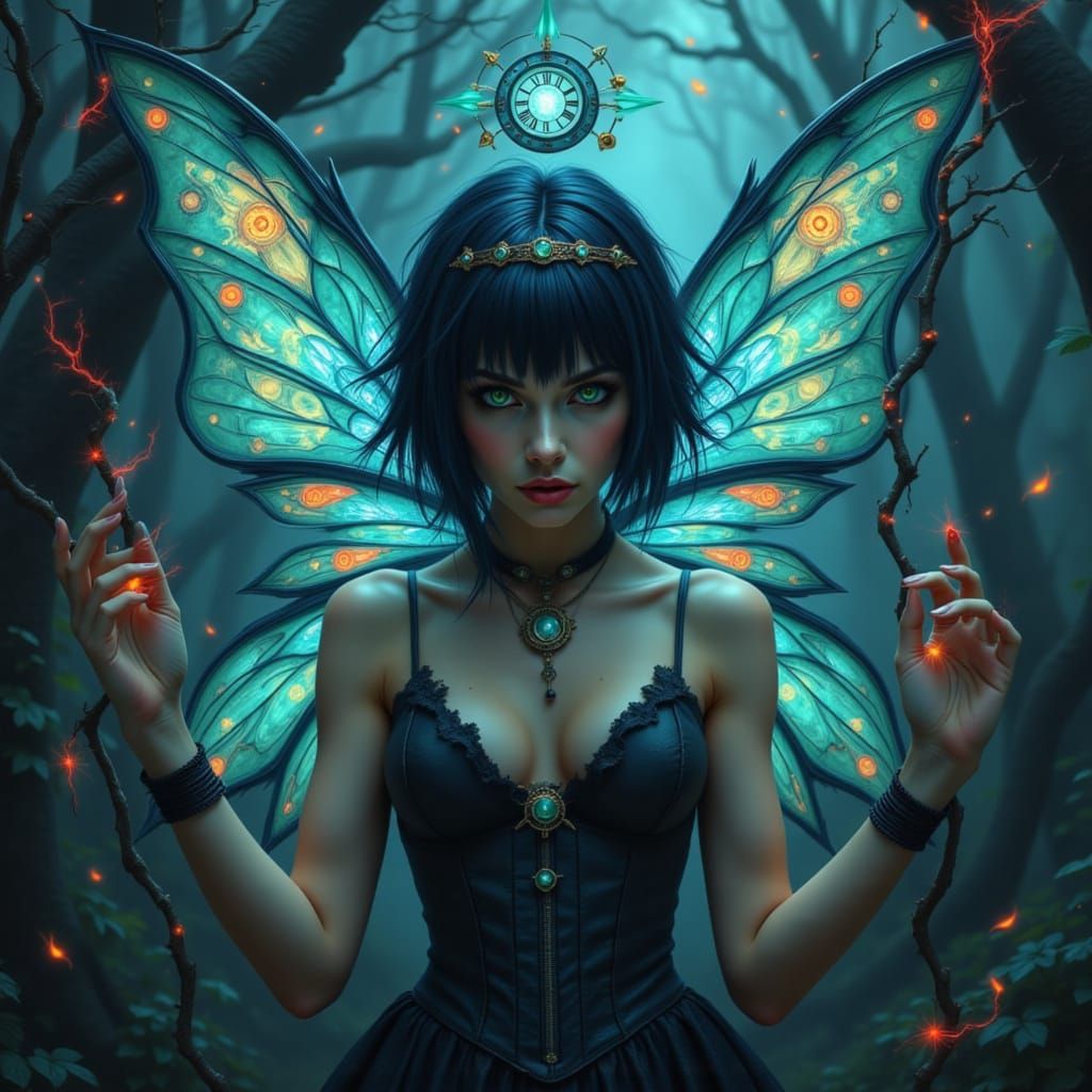 Dark Fairy Casting Spell with Clockwork Wings