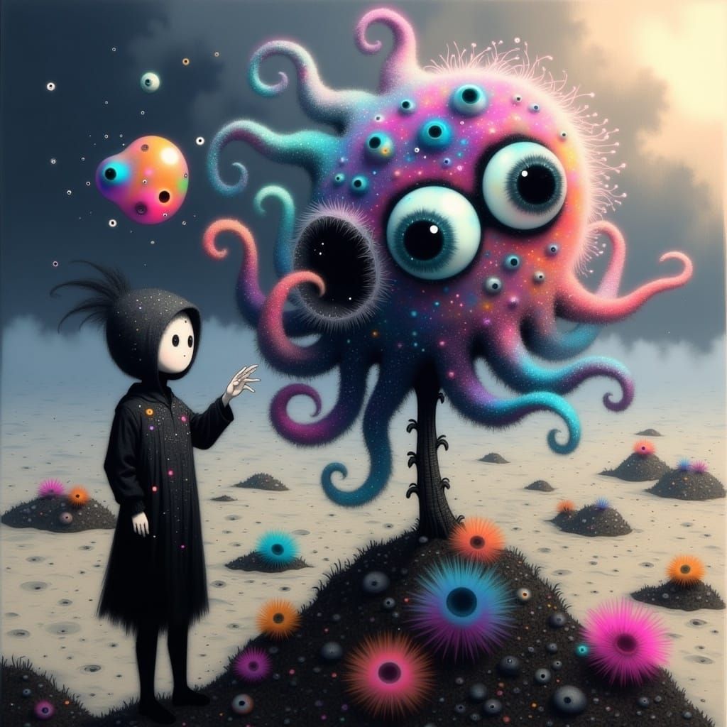 Surreal Underwater Scene with Fluffy Baby Octopus in Iridesc...