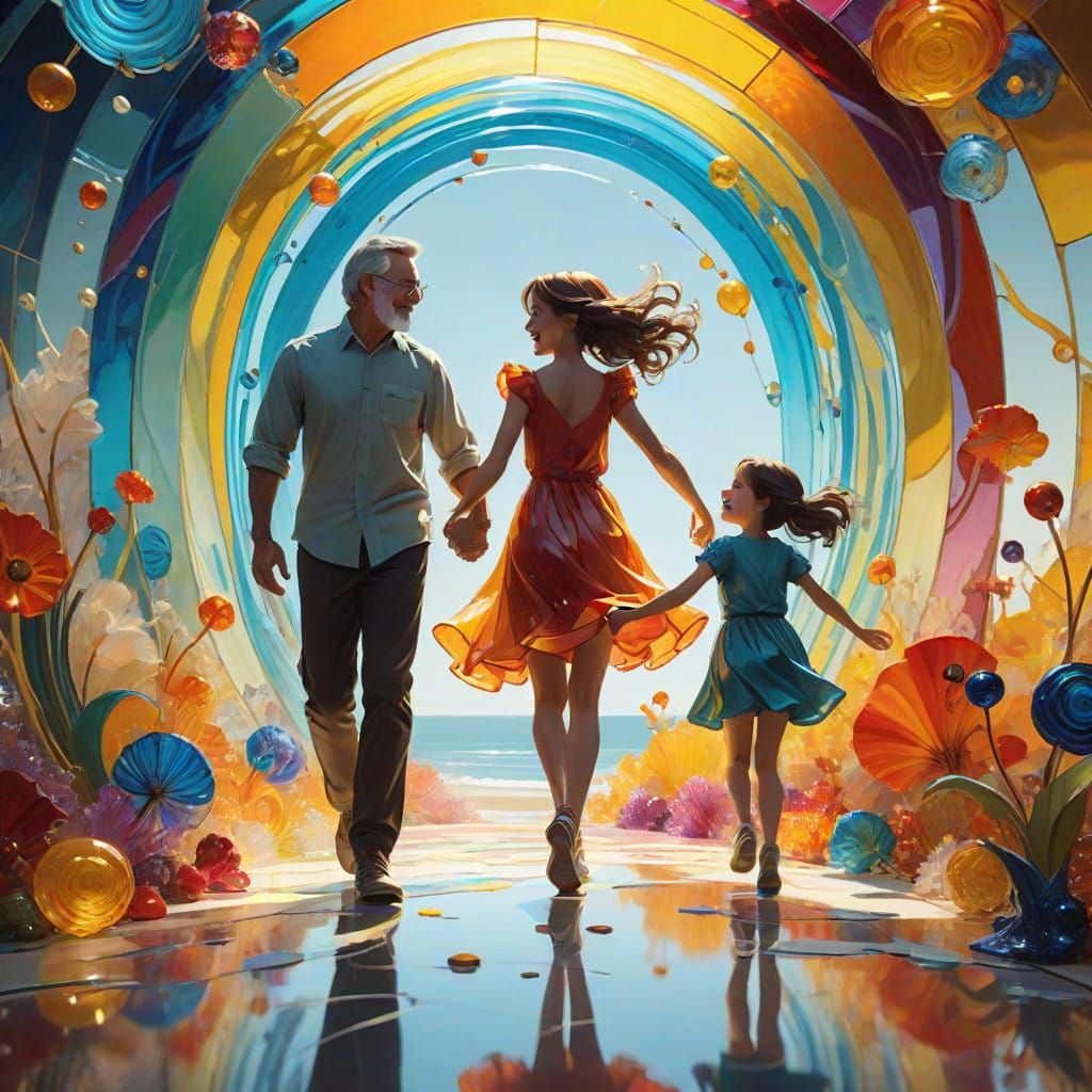 Joyful Family Moment in Vibrant Glass Art