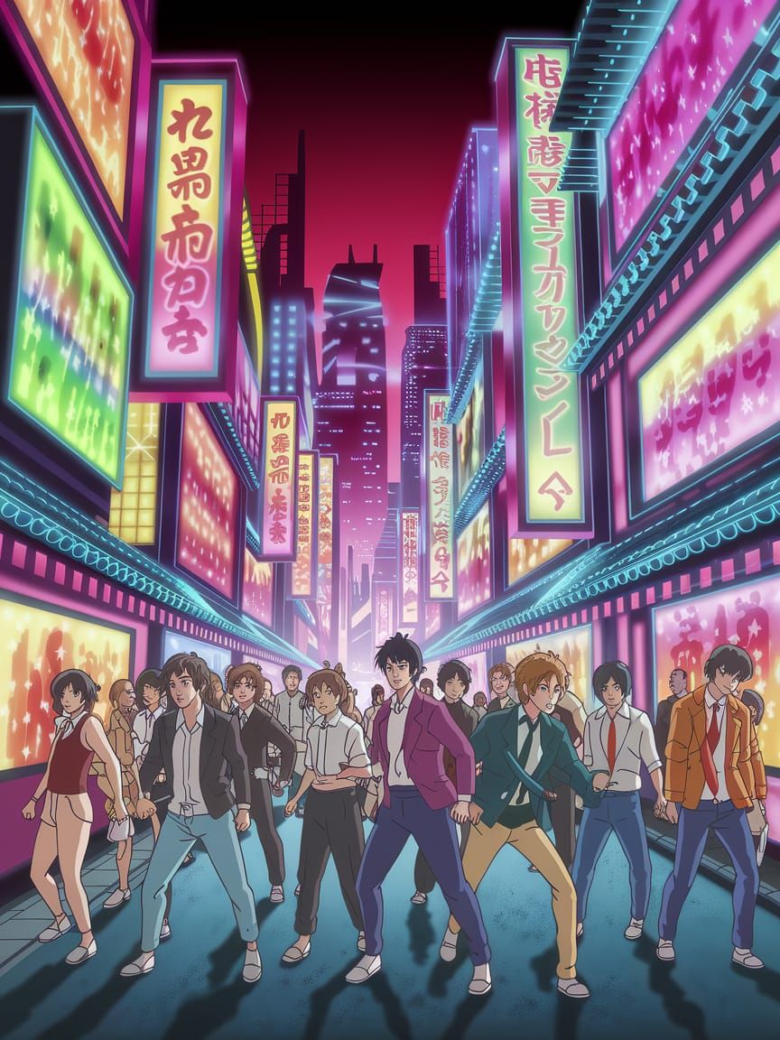 Vibrant Cityscape in Ukiyo-e Anime Style