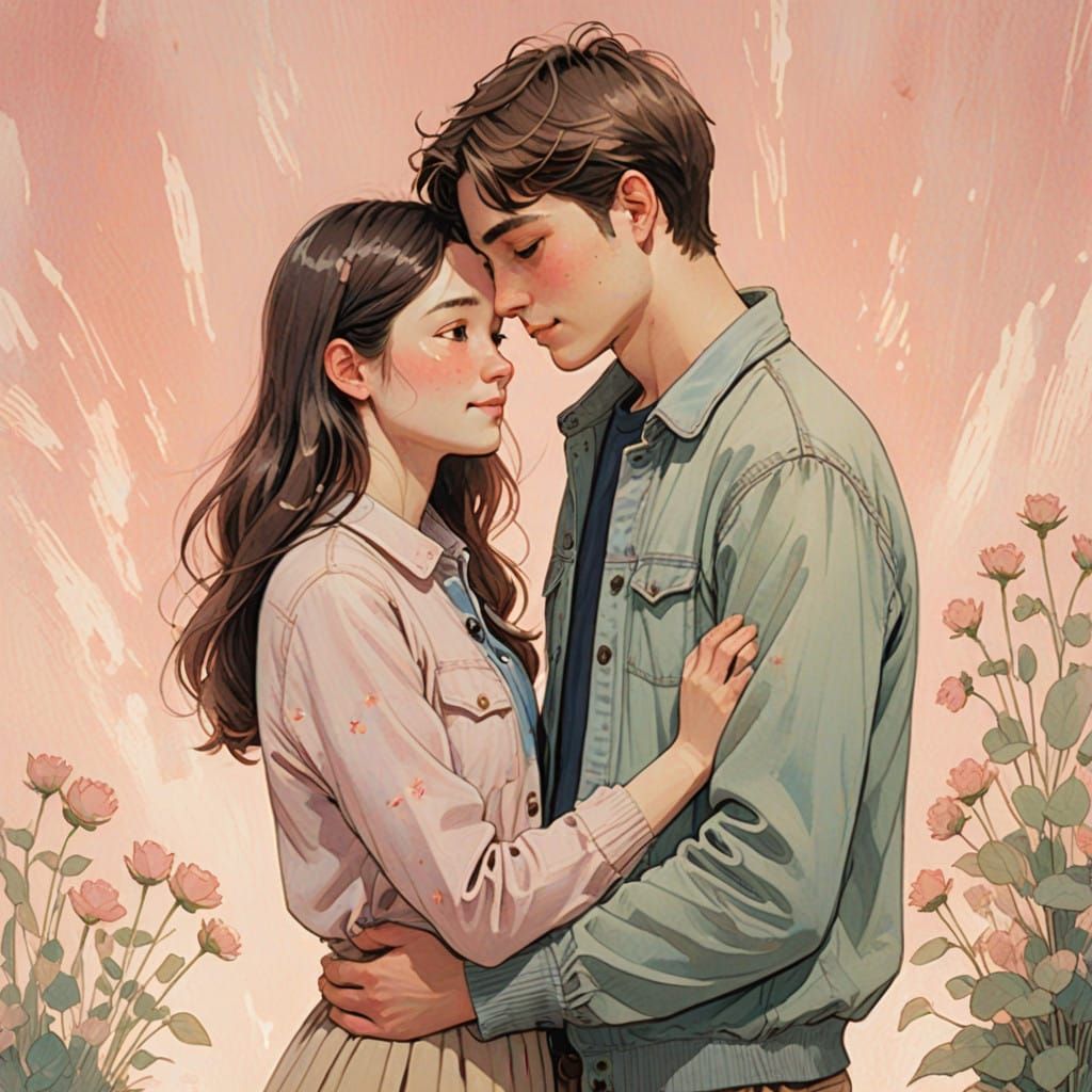 Young Couple Embracing in Whimsical Setting