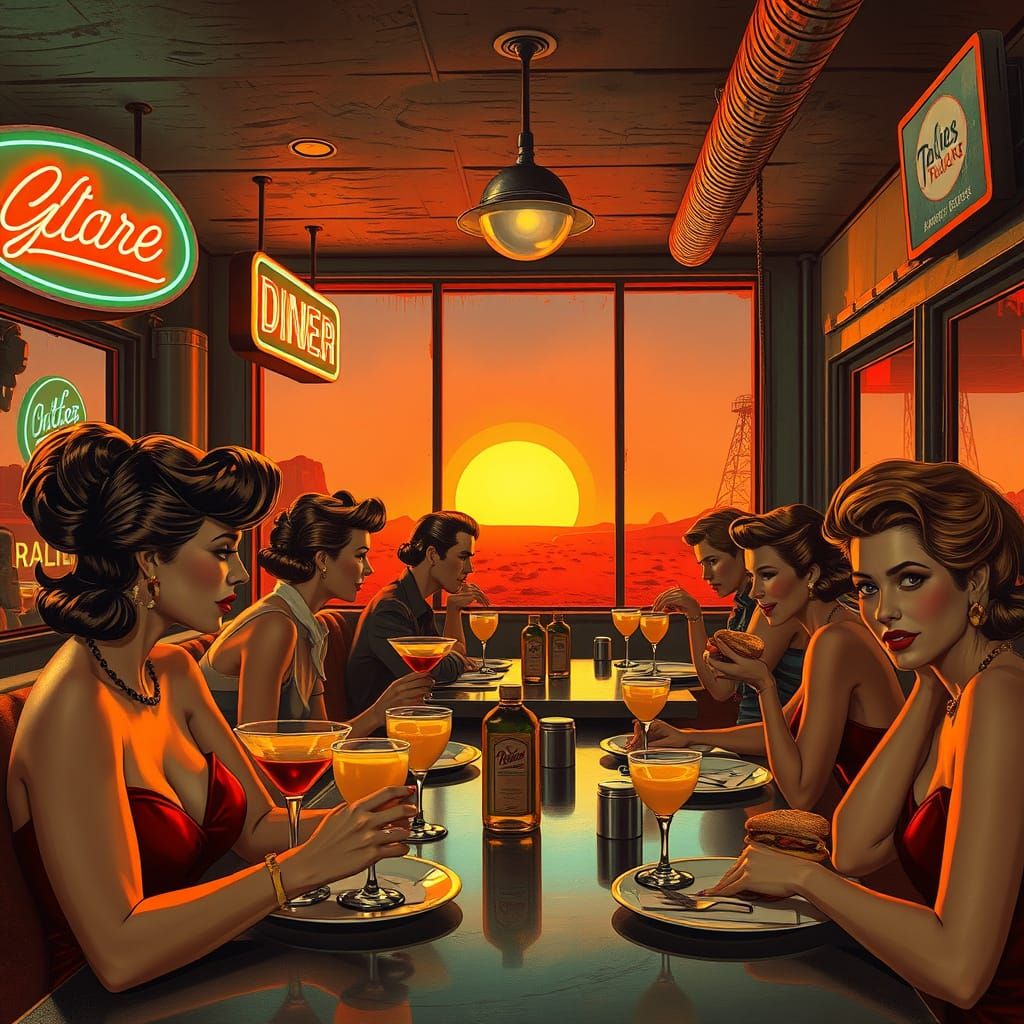 Retro-Futuristic Desert Diner Scene with Glowing Cocktails