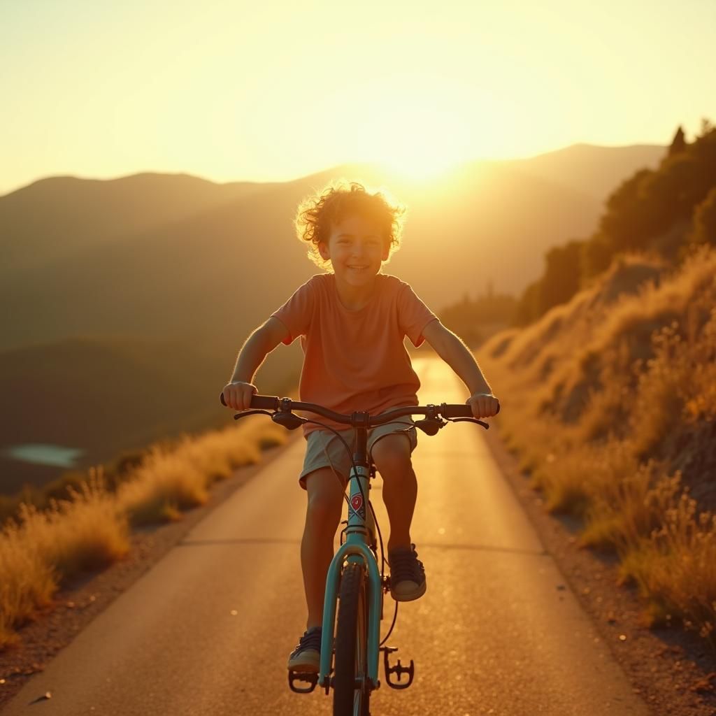 Boy Cycling Freely Downhill in Golden Light