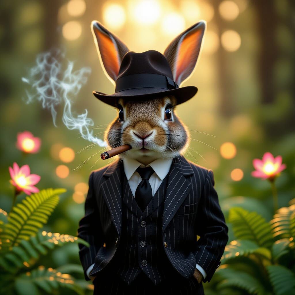 Rabbit Gangster in Luminous Forest: Macro Shot